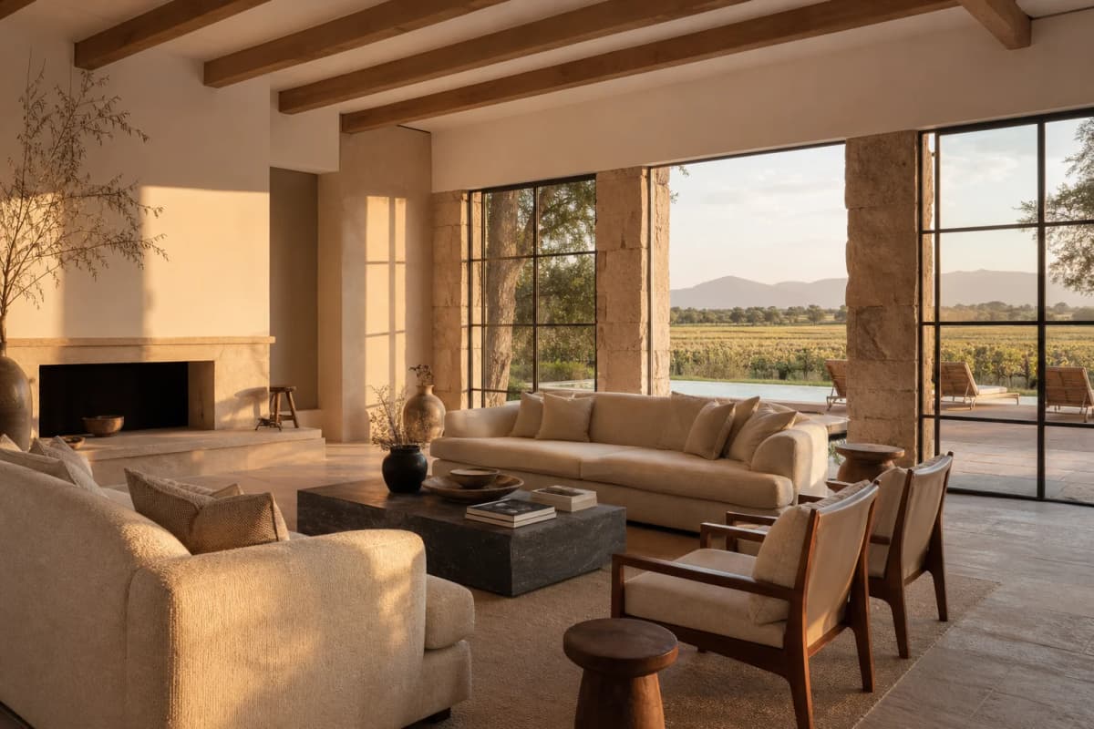 Sunlit luxury short-term rental living room with warm natural light