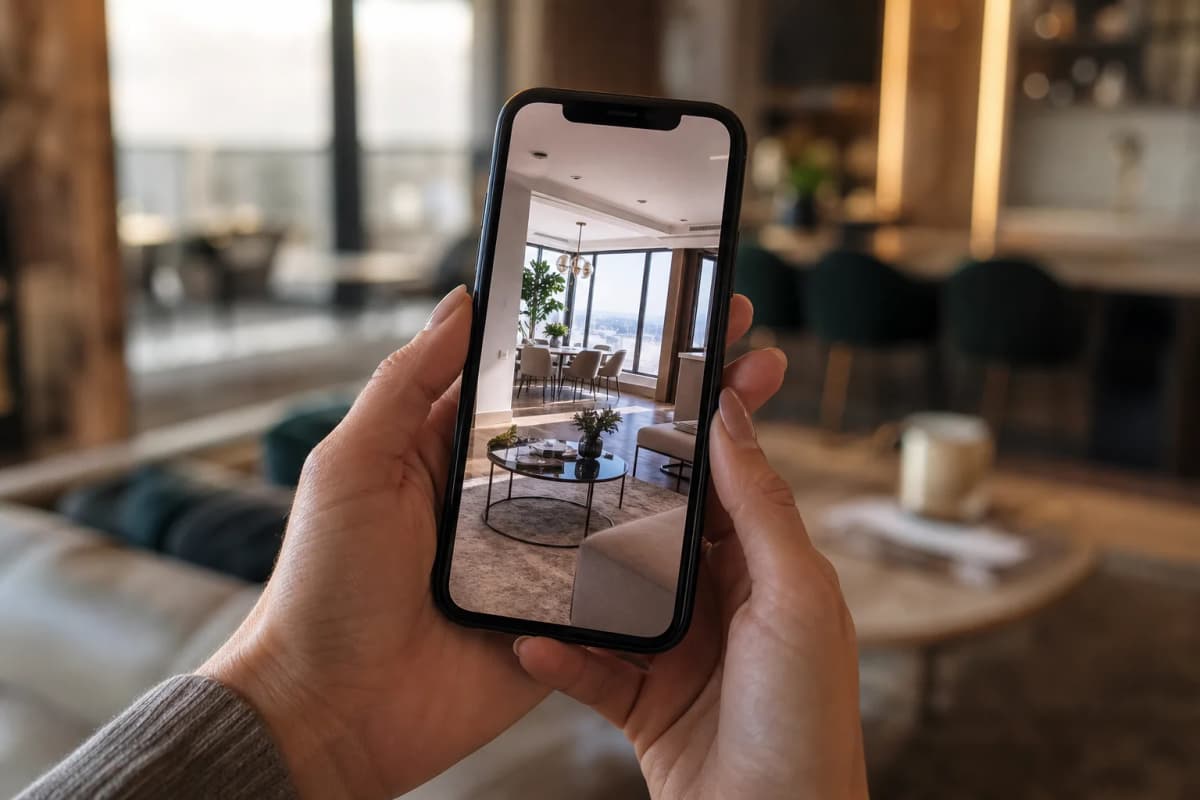 Hands holding a smartphone showing a vertical property video feed